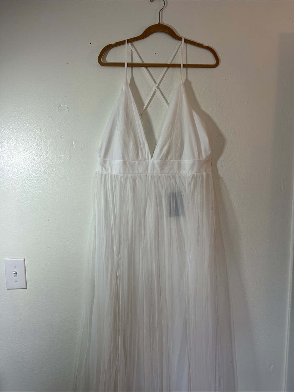 Fashion Nova White Tulle Maxi Dress with Crisscross Straps